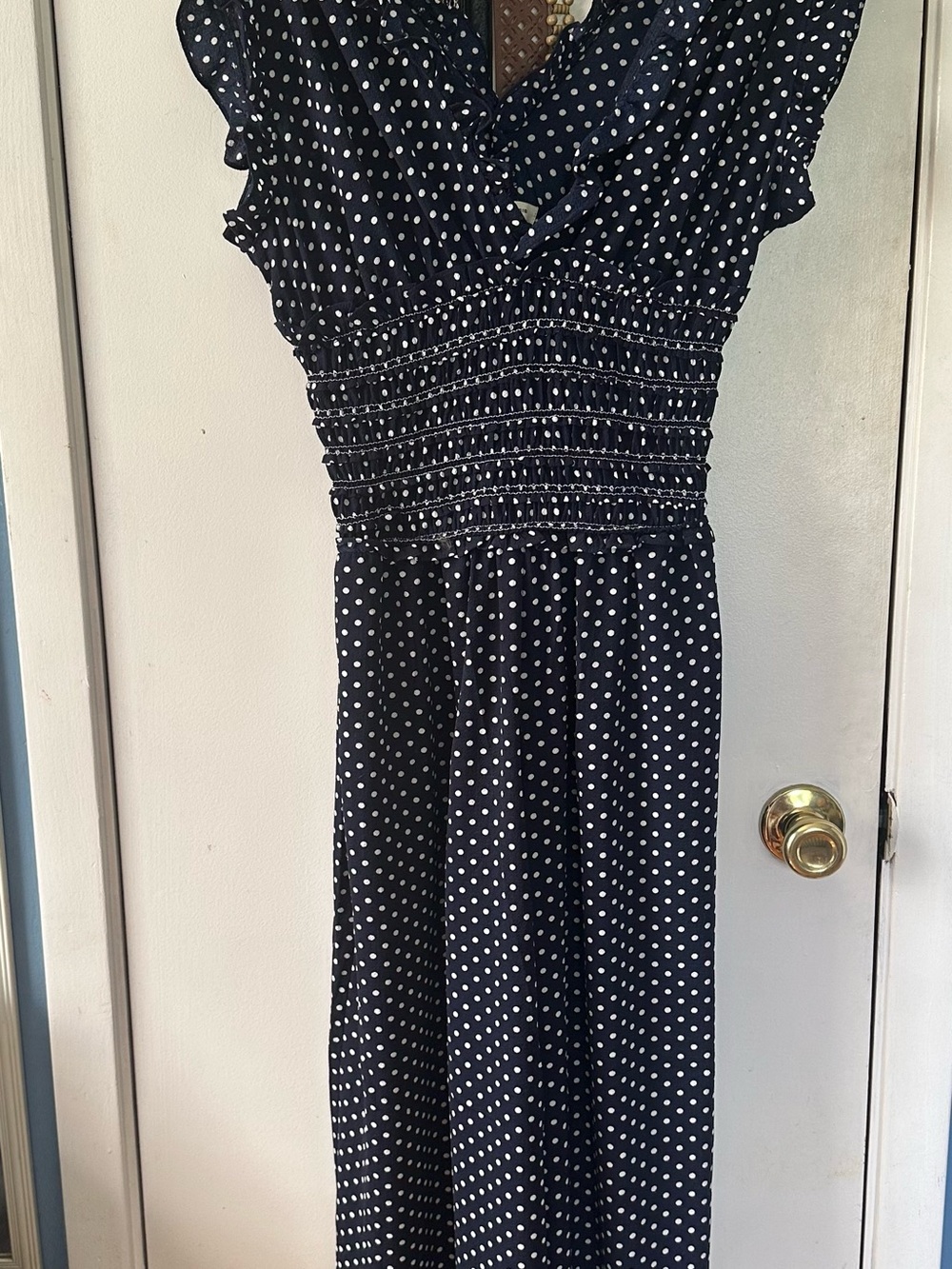 Polka Dot Navy Smocked Waist Dress - Picture 2 of 2